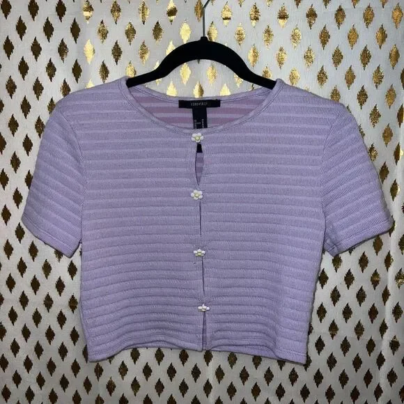 Forever 21 lilac lavender crop top ribbed cropped cardigan daisy shaped buttons - Picture 2 of 5